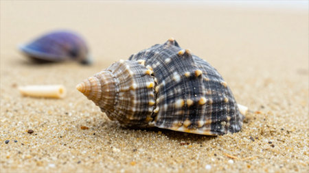 Seashells on a sandy beach close-up macro photography