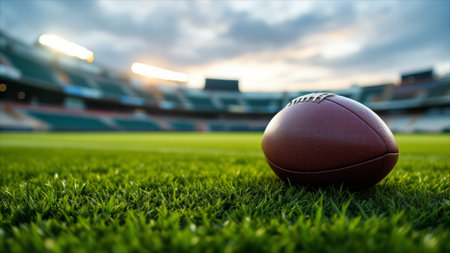 Close up of american football ball on green grass with blurred stadium background
