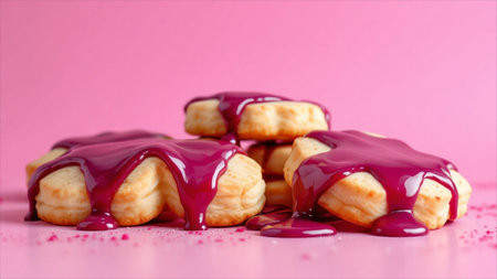 Biscuits with chocolate sauce on pink background, close up.