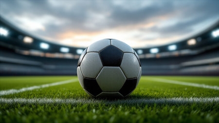 Soccer ball on the green field of stadium. Sport background.