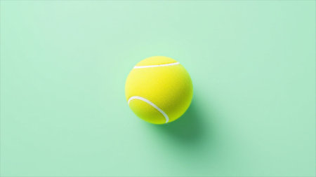 Tennis ball on green background. Top view. Flat lay.