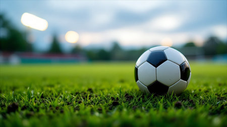 Soccer ball on green grass field with bokeh background.