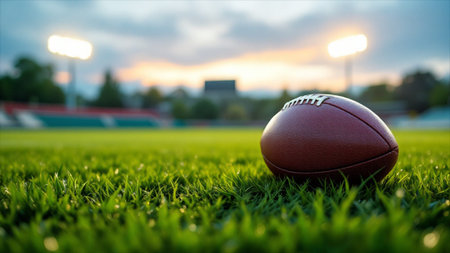 American football ball on green grass field with sunset light. American football concept