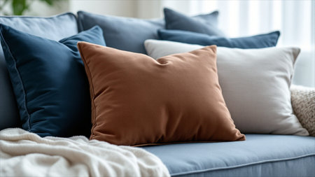 Pillows on sofa in living room, closeup. Interior design