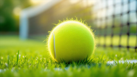 Tennis ball on the green grass and net in the background.