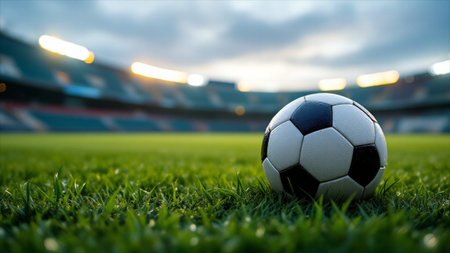 Soccer ball on green grass with blurred stadium in the background.