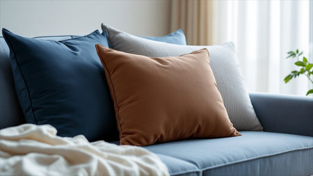 close up of blue and brown pillows on sofa in living room