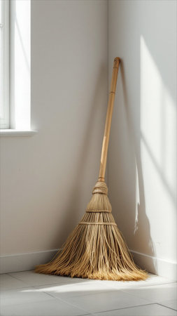 Broom in a white room with a window in the background.