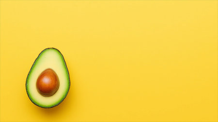 Avocado on a yellow background. Top view, copy space.