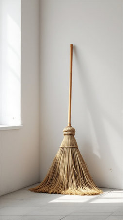 Broom in a white room with a window on the background.