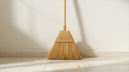Broom on the floor, 3d rendering. Computer digital drawing.