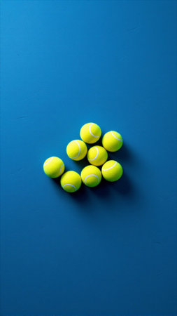 tennis balls on a blue background with copy space, top view