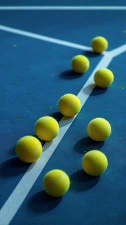 tennis court with line of tennis balls on blue floor, sport background