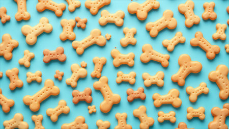 Dry yellow dog treats on blue background, flat lay. Space for text
