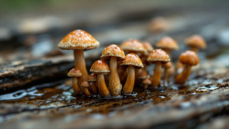 mushrooms growing on an old stump in the forest. macro
