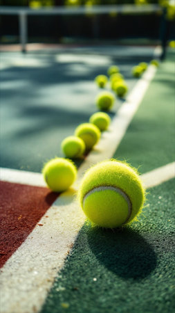 Tennis balls on the court. Selective focus on the ball