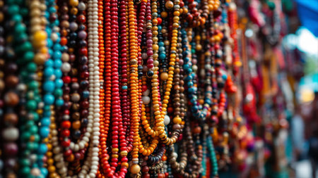 Colorful beads on the street market in India. selective focus.