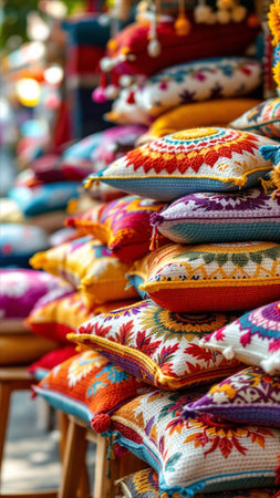 Colorful pillows for sale at a flea market in India