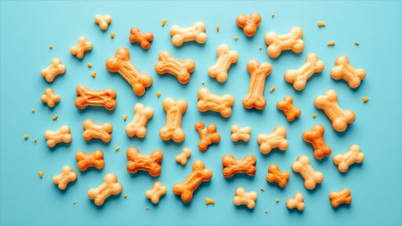 Orange dog treats on blue background. Top view, flat lay.