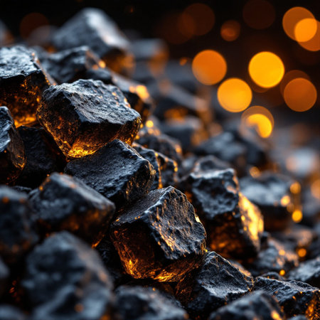 Pile of black coal on dark background with bokeh.