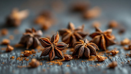 Star anise spice on a dark wooden background. Selective focus.