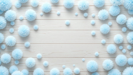 Blue fluffy balls on white wooden background, flat lay. Space for text