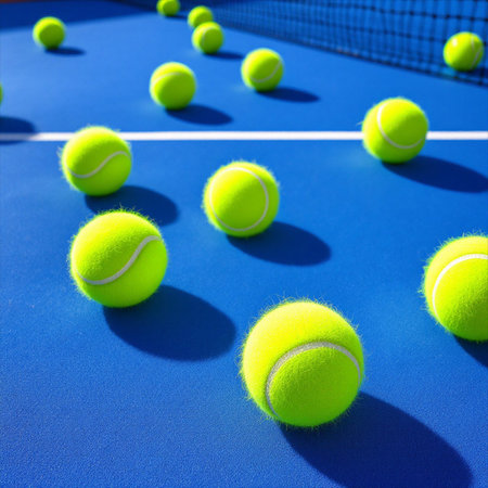 Tennis balls on blue court with net, closeup of photo