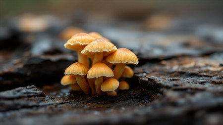 Mushrooms growing on an old stump in the forest. Selective focus.