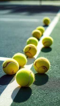 Tennis balls lined up on a tennis court with a white line