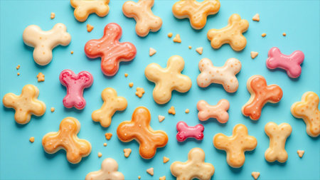 Colorful plastic dog biscuits on blue background. Top view, flat lay