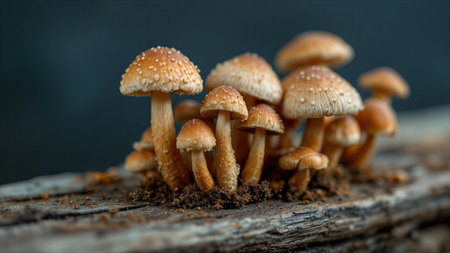 Close up of honey agarics growing on a piece of wood
