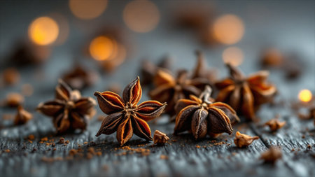 Star anise spice on wooden surface with bokeh background.
