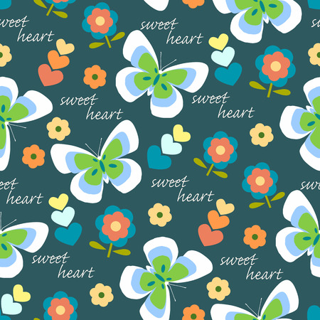 Seamless pattern butterflies, daisies and heartsのイラスト素材