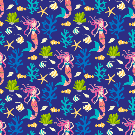 Seamless Pattern With Mermaid Vector Background Nice Underwater