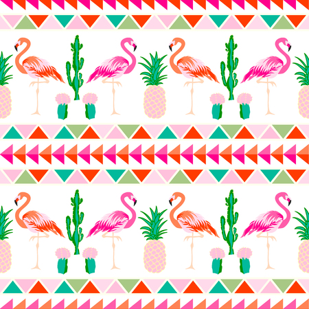 Flamingo bird with tropical cactus and pineapple fruit vector backgroundのイラスト素材