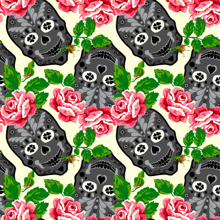 Seamless pattern with skull and rose. Floral skull backgroundのイラスト素材