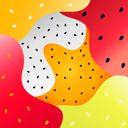 Liquid fruit vector background. Minimal summertime watermelon, lemon, strawberry, orange, mandarin, passionfruit, dragonfruit (pitahaya) trendy shape design.のイラスト素材
