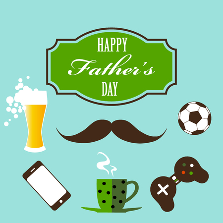 Vector happy fathers day vintage style greeting card design with mustache, gamepad, soccer ball, cell phone, beer and letteringのイラスト素材
