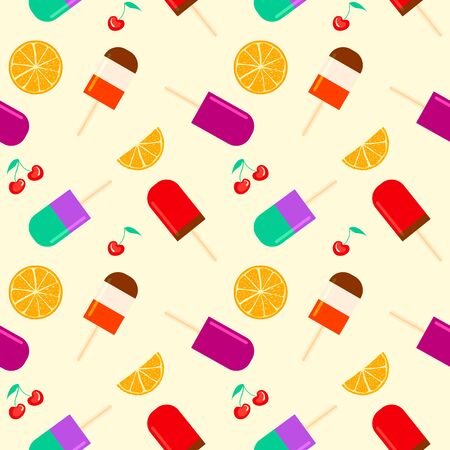 Summer background with fruity ice cream, orange and cherry furit. summertime seamless pattern with ice cream pop stick. Summer tropical elements vector.のイラスト素材