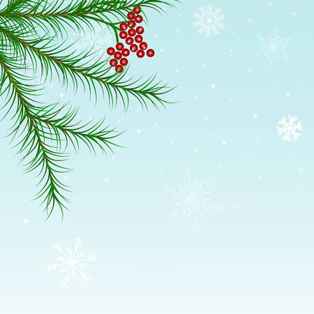 Christmas, winter holiday  greeting card with fir branches, snow and berries. Winter decor celebration background with treeのイラスト素材