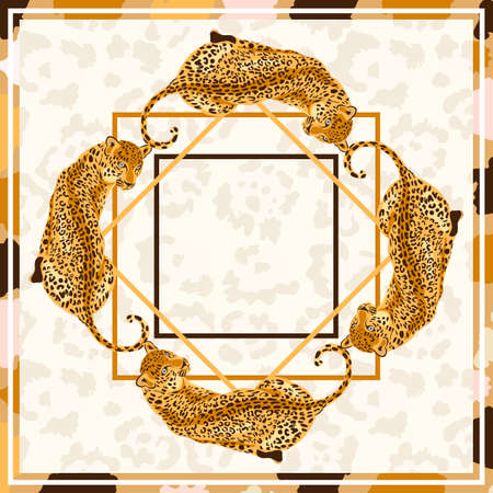 Leopard, jaguar wild big cat square frame print design background. Leopard pattern illustration for bandana, foulard, scarves, pillows, carpetâ¦のイラスト素材
