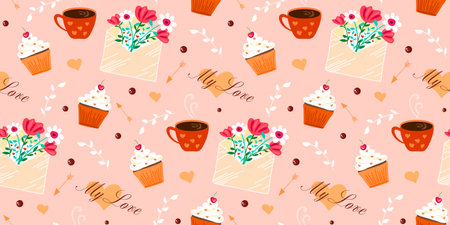 Valentine's day, love concept cute vector illustration seamless pattern with, hearts, love, flowers, envelope, arrows, cup of coffee and cupcakes. 14 February holiday texture design backgroundのイラスト素材