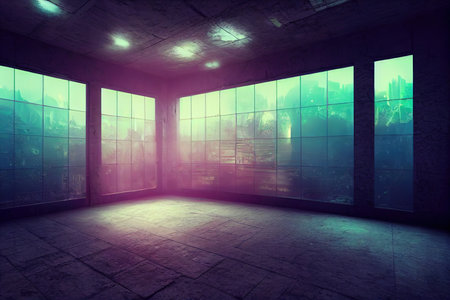 Futuristic house interior. Cyberpunk metaverse. Concept art, Digital painting. Fantasy illustration.の素材