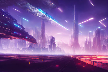 Colorful Cyberpunk metaverse city background. Concept art, Digital painting. Fantasy illustration.の素材