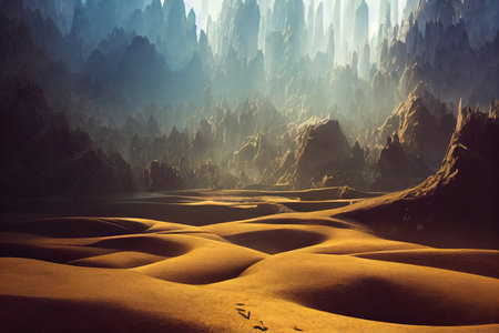 Dark landscape of maountains seen from the cave. Concept art, Digital painting. Fantasy illustration.の素材