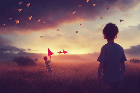 the boy plays paper airplanes and looking at planes flying in the sunset sky. Concept art, Digital painting. Fantasy illustration.の素材