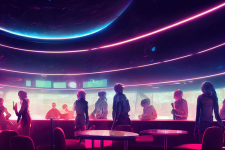 Bar Stools , cyberpunk BAR in Cyberpunk city. Neons, cybercity background, opposite colors. neon lightning.の素材