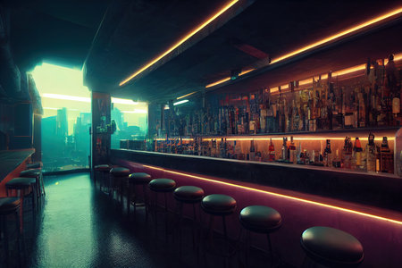 Bar Stools in cyberpunk BAR in cyberpunk city. Neons, cybercity background, opposite colors. cyberpunk metaverseの素材