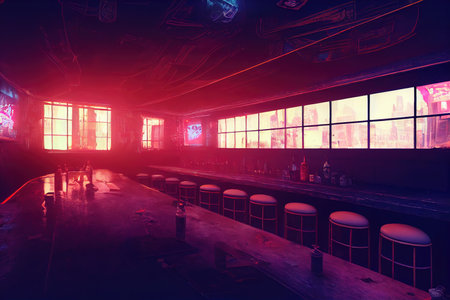 Bar Stools in cyberpunk BAR in cyberpunk city. Neons, cybercity background, opposite colors. cyberpunk metaverseの素材