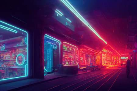 Colorful Cyberpunk metaverse city background. Concept art, Digital painting. Fantasy illustration.の素材